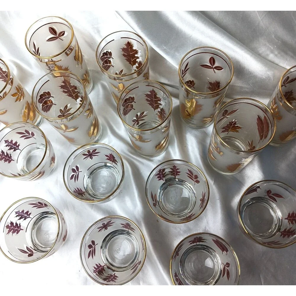 VINTAGE MCM FROSTED GOLD LEAF GLASSES-8 TUMBLERS & 8 OLD FASHIONED- LOT OF 16
